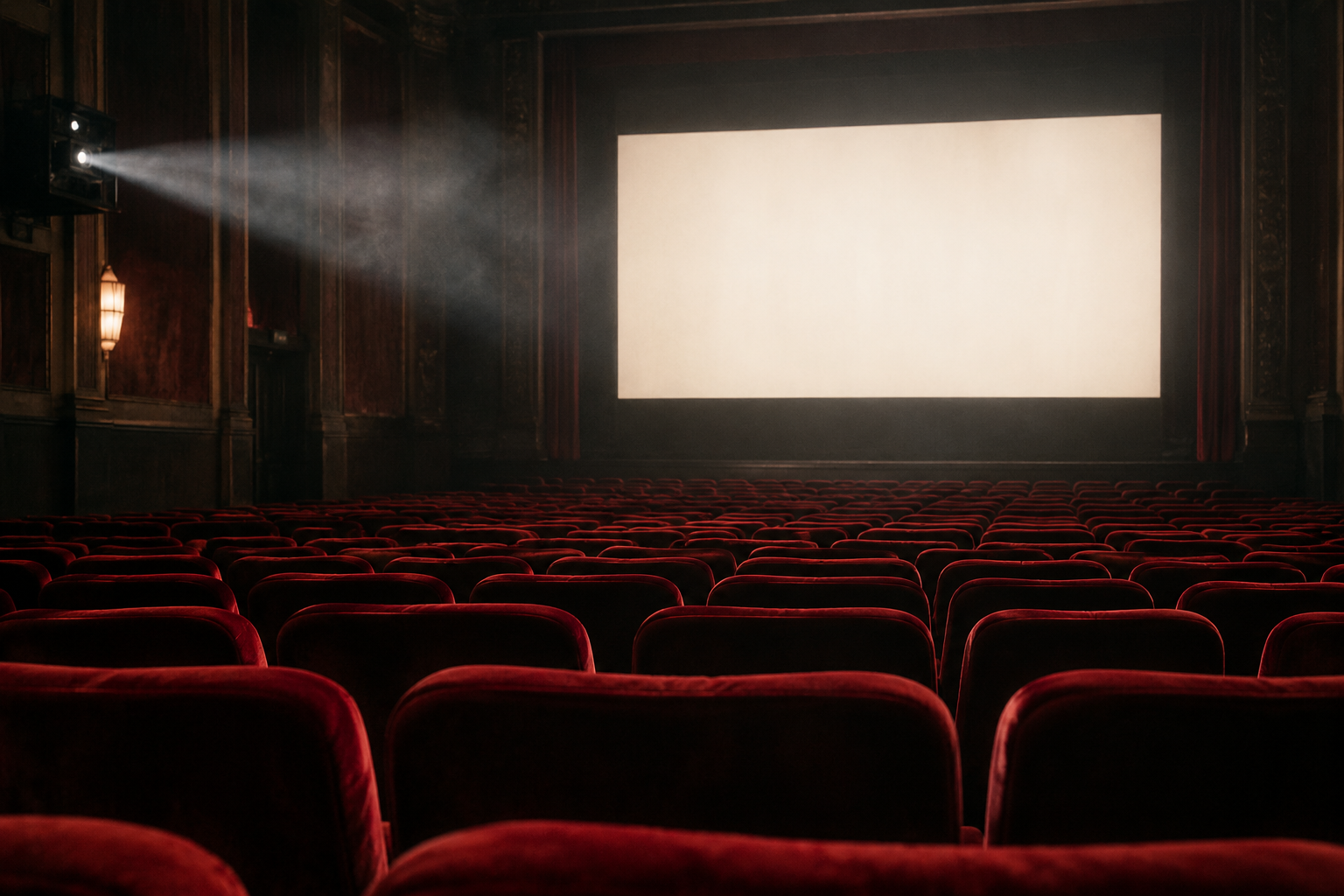 Kırmızı koltukları, aydınlık perdesi ve ışık huzmesiyle boş bir sinema salonu